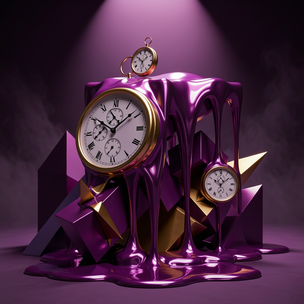 Surreal melting clocks draped over geometric shapes in deep purple and gold — time distortion