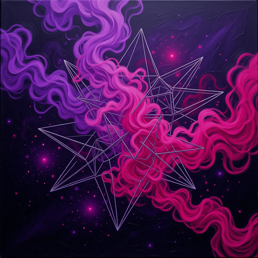Abstract purple and hot pink smoke swirling through geometric wireframes — ethereal and disorienting